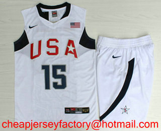 2008 Olympics Team USA Men's #15 Carmelo Anthony White Stitched Basketball Swingman Jersey With Shorts