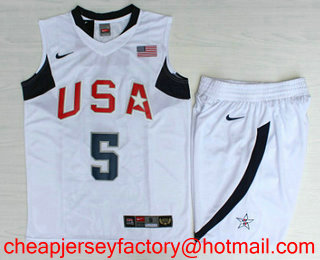 2008 Olympics Team USA Men's #5 Jason Kidd White Stitched Basketball Swingman Jersey With Shorts