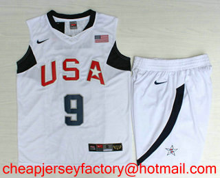 2008 Olympics Team USA Men's #9 Dwyane Wade White Stitched Basketball Swingman Jersey With Shorts
