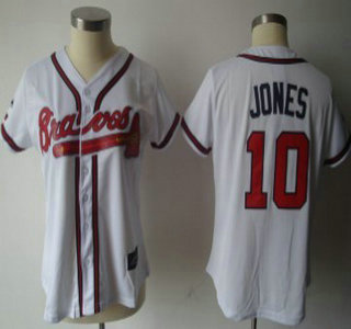 Atlanta Braves #10 Chipper Jones White With Red Womens Jersey