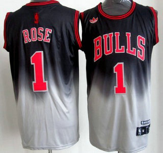Chicago Bulls #1 Derrick Rose Black With Gray Fadeaway Fashion Jersey