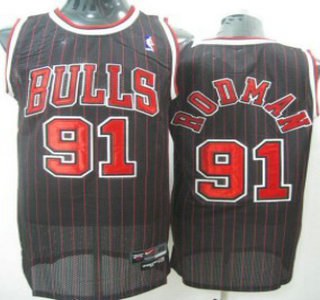 Chicago Bulls #91 Dennis Rodman Black Pinstripe Swingman Jersey