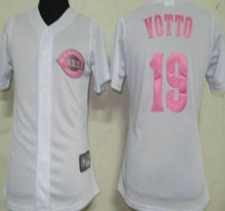 Cincinnati Reds #19 Joey Votto White With Pink Womens Jersey