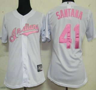 Cleveland Indians #41 Santana White With Pink Womens Jersey