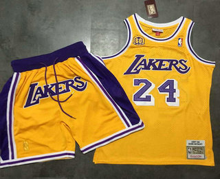 Los Angeles Lakers #24 Kobe Bryant With 60TH Patch Revolution 30 Swingman Yellow Throwback Jersey With Yellow Just Don Shorts