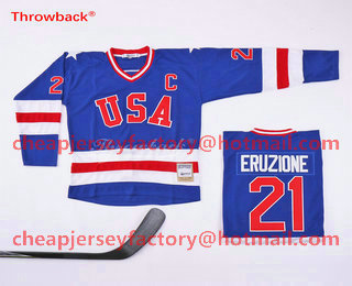 Men's 1980 Olympics USA #21 Mike Eruzione Royal Blue Throwback Stitched Vintage Ice Hockey Jersey