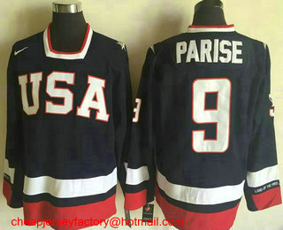 Men's 2010 Olympics USA #9 Zach Parise Nike Navy Blue Throwback Stitched Vintage Hockey Jersey