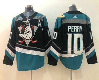 Men's Anaheim Ducks #10 Corey Perry Black With Teal Green A Patch 2019 Hockey Stitched NHL Jersey