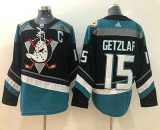 Men's Anaheim Ducks #15 Ryan Getzlaf Black With Teal Green C Patch 2019 Hockey Stitched NHL Jersey