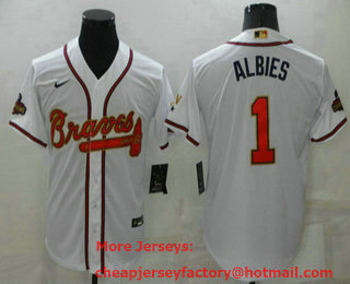Men's Atlanta Braves #1 Ozzie Albies 2022 White Gold World Series Champions Program Cool Base Stitched Baseball Jersey