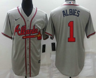 Men's Atlanta Braves #1 Ozzie Albies Grey Stitched MLB Cool Base Nike Jersey