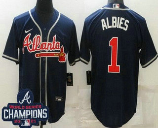 Men's Atlanta Braves #1 Ozzie Albies Navy 2021 World Series Champions Cool Base Jersey