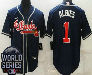 Men's Atlanta Braves #1 Ozzie Albies Navy 2021 World Series Cool Base Jersey