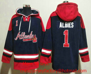 Men's Atlanta Braves #1 Ozzie Albies Navy Blue Ageless Must Have Lace Up Pullover Hoodie
