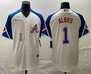 Men's Atlanta Braves #1 Ozzie Albies Number White 2023 City Connect Cool Base Stitched Jersey 01