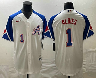 Men's Atlanta Braves #1 Ozzie Albies Number White 2023 City Connect Cool Base Stitched Jersey 02