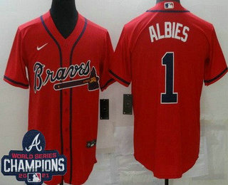 Men's Atlanta Braves #1 Ozzie Albies Red 2021 World Series Champions Cool Base Jersey
