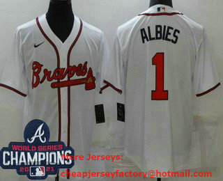 Men's Atlanta Braves #1 Ozzie Albies White 2021 World Series Champions Stitched Cool Base Nike Jersey