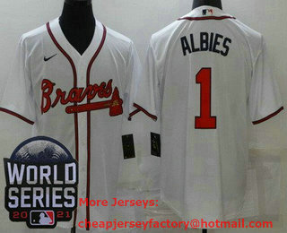 Men's Atlanta Braves #1 Ozzie Albies White 2021 World Series Stitched Cool Base Nike Jersey