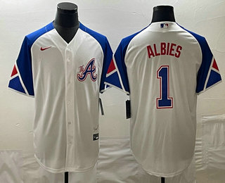 Men's Atlanta Braves #1 Ozzie Albies White 2023 City Connect Cool Base Stitched Jersey 01