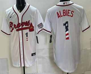 Men's Atlanta Braves #1 Ozzie Albies White USA 250 Fourth of July Home Stadium Stitched Jersey