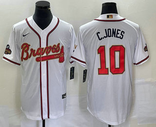 Men's Atlanta Braves #10 Chipper Jones 2022 White Gold World Series Champions Program Cool Base Stitched Baseball Jersey 02