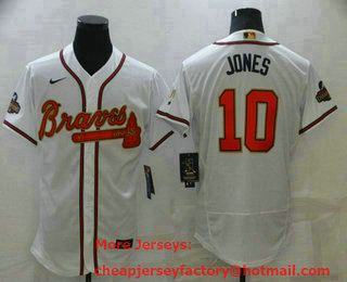 Men's Atlanta Braves #10 Chipper Jones 2022 White Gold World Series Champions Program Flex Base Stitched Baseball Jersey