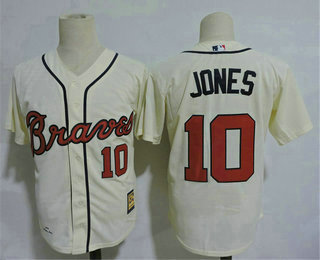 Men's Atlanta Braves #10 Chipper Jones Cream Stitched MLB Throwback Jersey By Mitchell & Ness