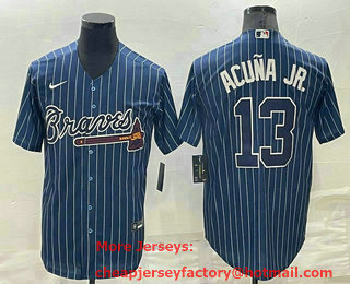 Men's Atlanta Braves #13 Ronald Acuna Jr Navy Blue Pinstripe Stitched MLB Cool Base Nike Jersey