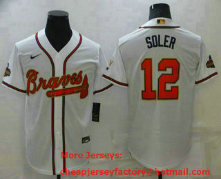 Men's Atlanta Braves #12 Jorge Soler 2022 White Gold World Series Champions Program Cool Base Stitched Baseball Jersey
