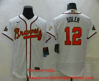 Men's Atlanta Braves #12 Jorge Soler 2022 White Gold World Series Champions Program Flex Base Stitched Baseball Jersey