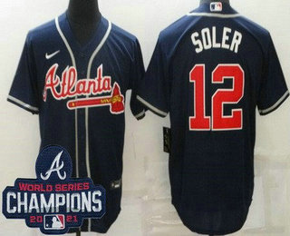 Men's Atlanta Braves #12 Jorge Soler Navy 2021 World Series Champions Cool Base Jersey