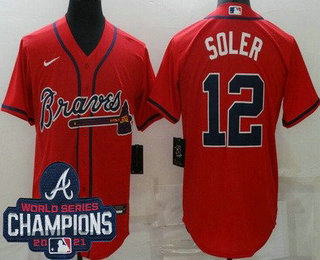 Men's Atlanta Braves #12 Jorge Soler Red 2021 World Series Champions Cool Base Jersey