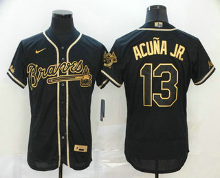 Men's Atlanta Braves #13 Ronald Acuna Jr. Black With Gold Stitched MLB Flex Base Nike Jersey