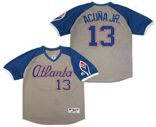 Men's Atlanta Braves #13 Ronald Acuna Jr. Gray With Blue Pullover Stitched MLB Turn Back the Clock Jersey