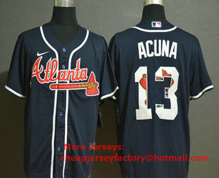 Men's Atlanta Braves #13 Ronald Acuna Jr. Navy Blue Team Logo Stitched MLB Cool Base Nike Jersey