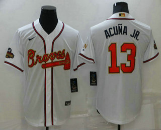 Men's Atlanta Braves #13 Ronald Acuna Jr 2022 White Gold World Series Champions Program Cool Base Stitched Baseball Jersey