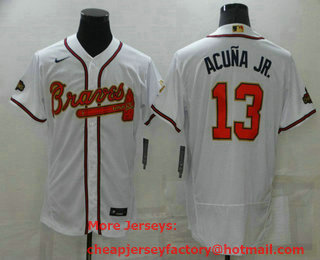 Men's Atlanta Braves #13 Ronald Acuna Jr 2022 White Gold World Series Champions Program Flex Base Stitched Baseball Jersey