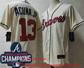 Men's Atlanta Braves #13 Ronald Acuna Jr Cream 2021 World Series Champions Stitched Cool Base Nike Jersey