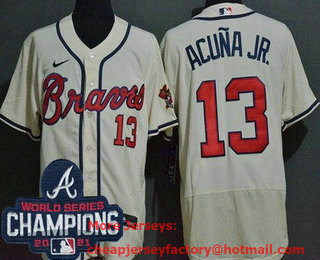 Men's Atlanta Braves #13 Ronald Acuna Jr Cream 2021 World Series Champions Stitched Flex Base Nike Jersey