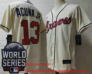 Men's Atlanta Braves #13 Ronald Acuna Jr Cream 2021 World Series Stitched Cool Base Nike Jersey