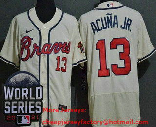 Men's Atlanta Braves #13 Ronald Acuna Jr Cream 2021 World Series Stitched Flex Base Nike Jersey