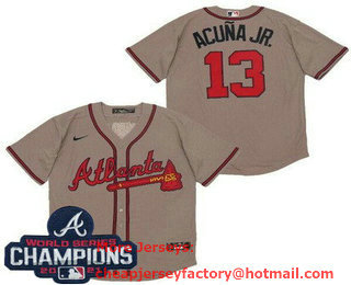 Men's Atlanta Braves #13 Ronald Acuna Jr Gray 2021 World Series Champions Stitched Cool Base Nike Jersey