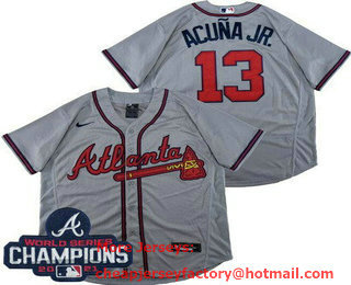 Men's Atlanta Braves #13 Ronald Acuna Jr Gray 2021 World Series Champions Stitched Flex Base Nike Jersey