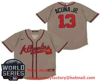Men's Atlanta Braves #13 Ronald Acuna Jr Gray 2021 World Series Stitched Cool Base Nike Jersey