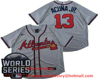 Men's Atlanta Braves #13 Ronald Acuna Jr Gray 2021 World Series Stitched Flex Base Nike Jersey