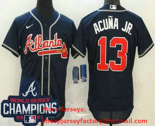 Men's Atlanta Braves #13 Ronald Acuna Jr Navy 2021 World Series Champions Stitched Flex Base Nike Jersey