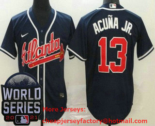Men's Atlanta Braves #13 Ronald Acuna Jr Navy 2021 World Series Stitched Cool Base Nike Jersey