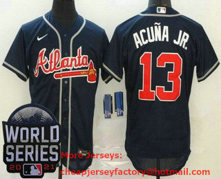 Men's Atlanta Braves #13 Ronald Acuna Jr Navy 2021 World Series Stitched Flex Base Nike Jersey