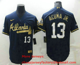 Men's Atlanta Braves #13 Ronald Acuna Jr Navy Blue 2021 World Series Champions Golden Edition Stitched Cool Base Nike Jersey